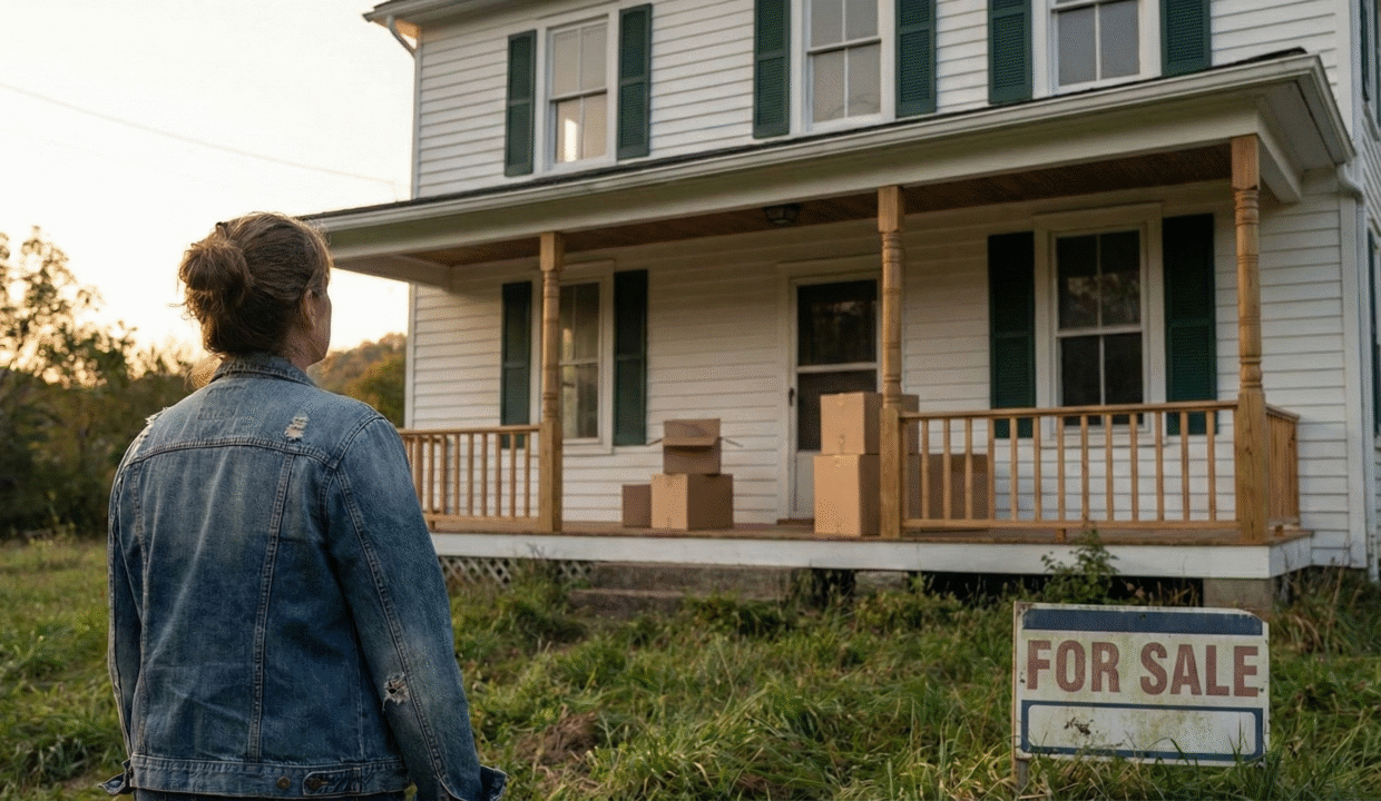 A woman in a denim jacket stands in tall grass looking at an older white farmhouse with moving boxes on the porch and a worn “For Sale” sign in the yard at sunset in rural West Virginia.