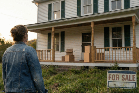 A woman in a denim jacket stands in tall grass looking at an older white farmhouse with moving boxes on the porch and a worn “For Sale” sign in the yard at sunset in rural West Virginia.