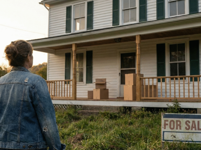 A woman in a denim jacket stands in tall grass looking at an older white farmhouse with moving boxes on the porch and a worn “For Sale” sign in the yard at sunset in rural West Virginia.