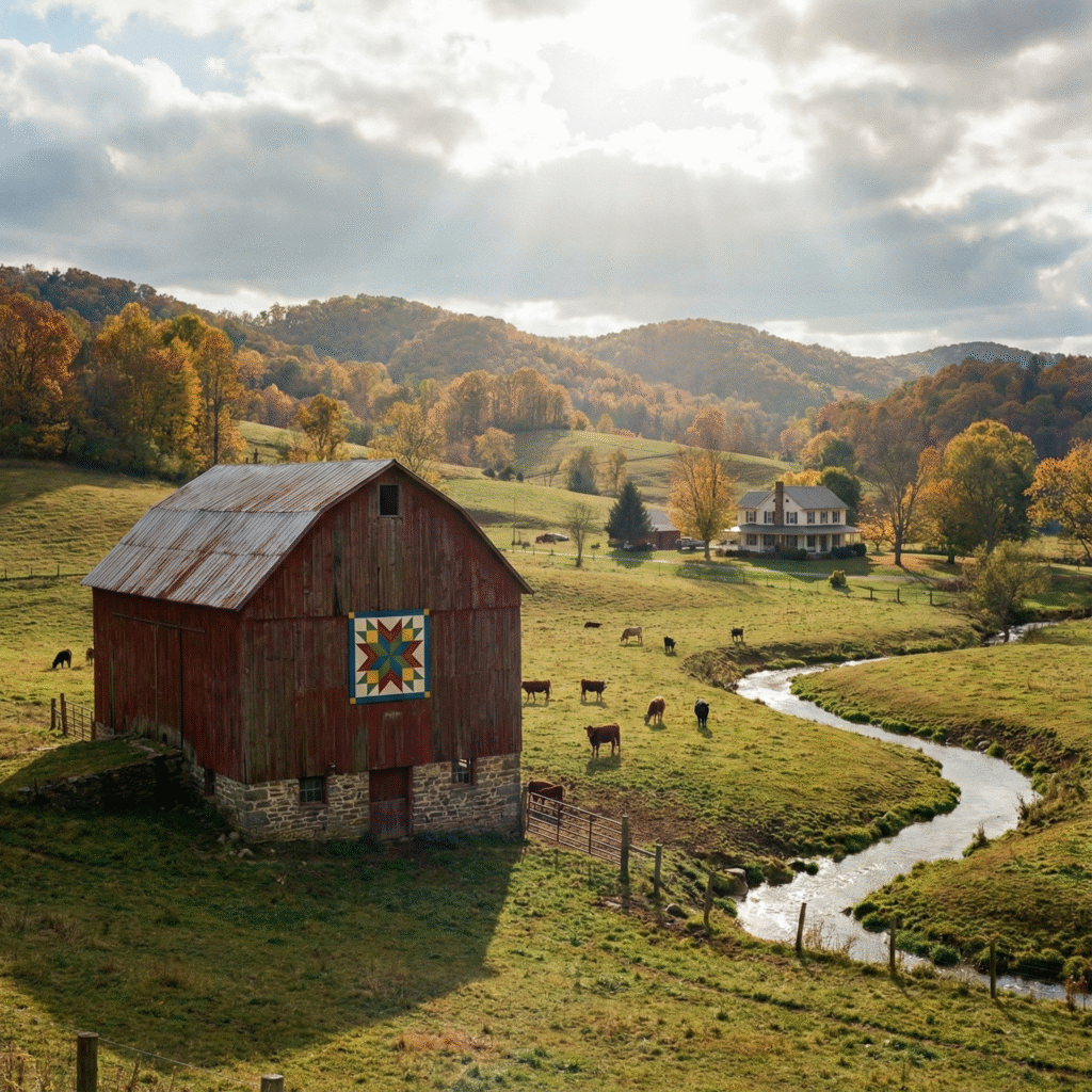Rustic red barn with a colorful quilt pattern, cows grazing in a sunlit Appalachian valley, and a farmhouse in the background.
